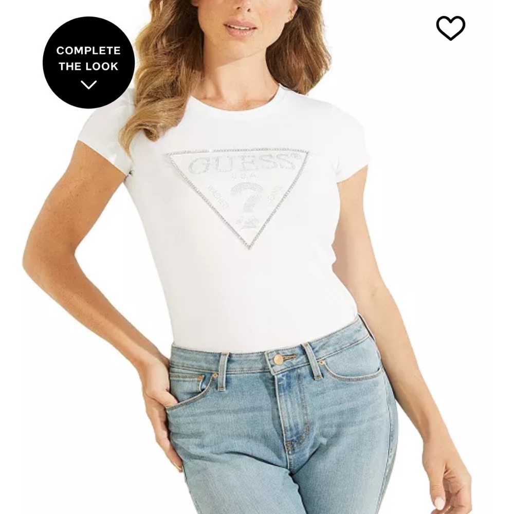 Guess White Embellished Logo Tee